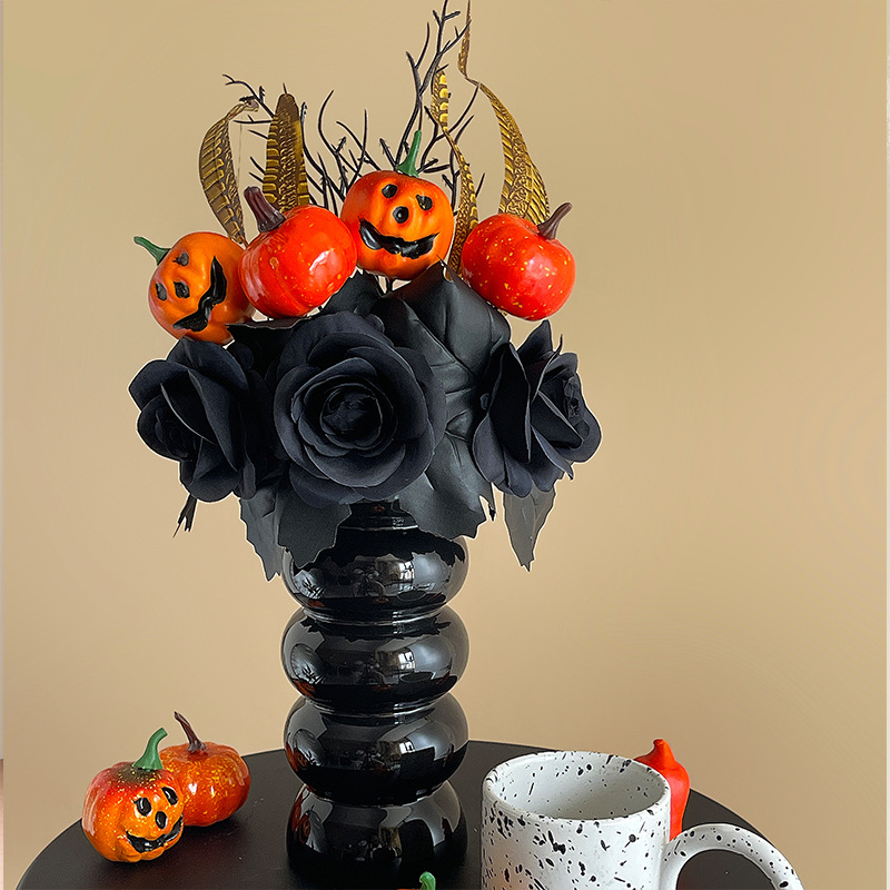 🏆Flash Sale⚡Artificial Fall Flowers-Halloween Pumpkin Bunch with Black Maple Leaves,Rose,Feathers- UV resistant, Waterproof, Windproof