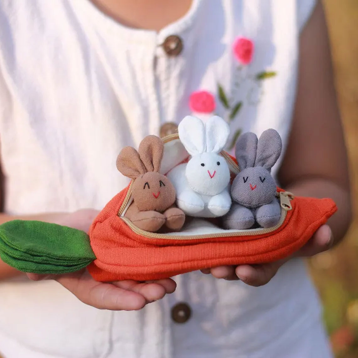 3 Organic stuffed bunnies in carrot zip pouch, Bunny Easter