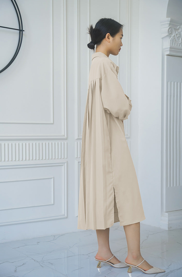 Spring Autumn Loose Overknee Dress Women Casual Large Version Back Pleated Long Shirt Dress