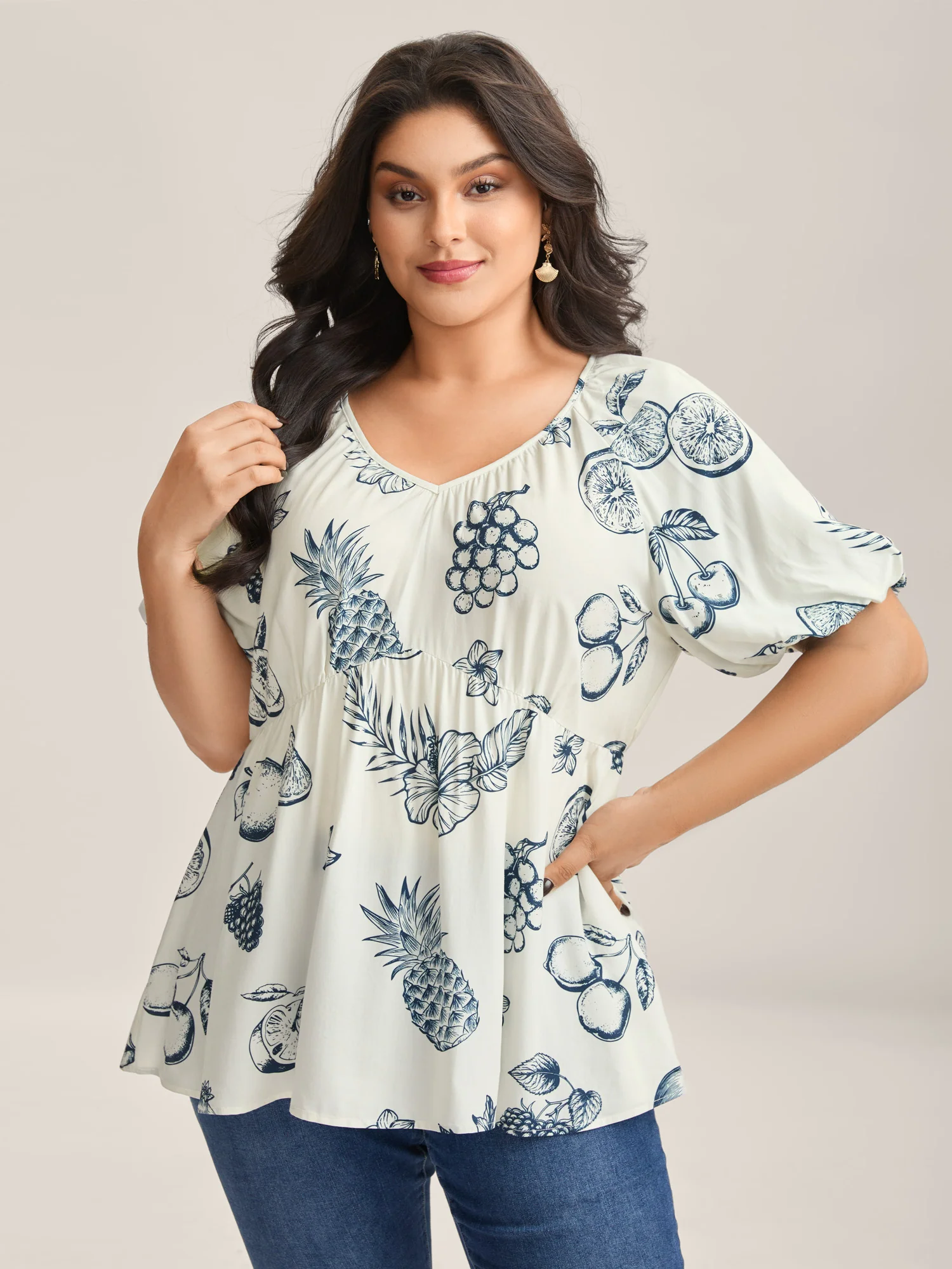 Fruity Print Bud Sleeve V-Neck Blouse