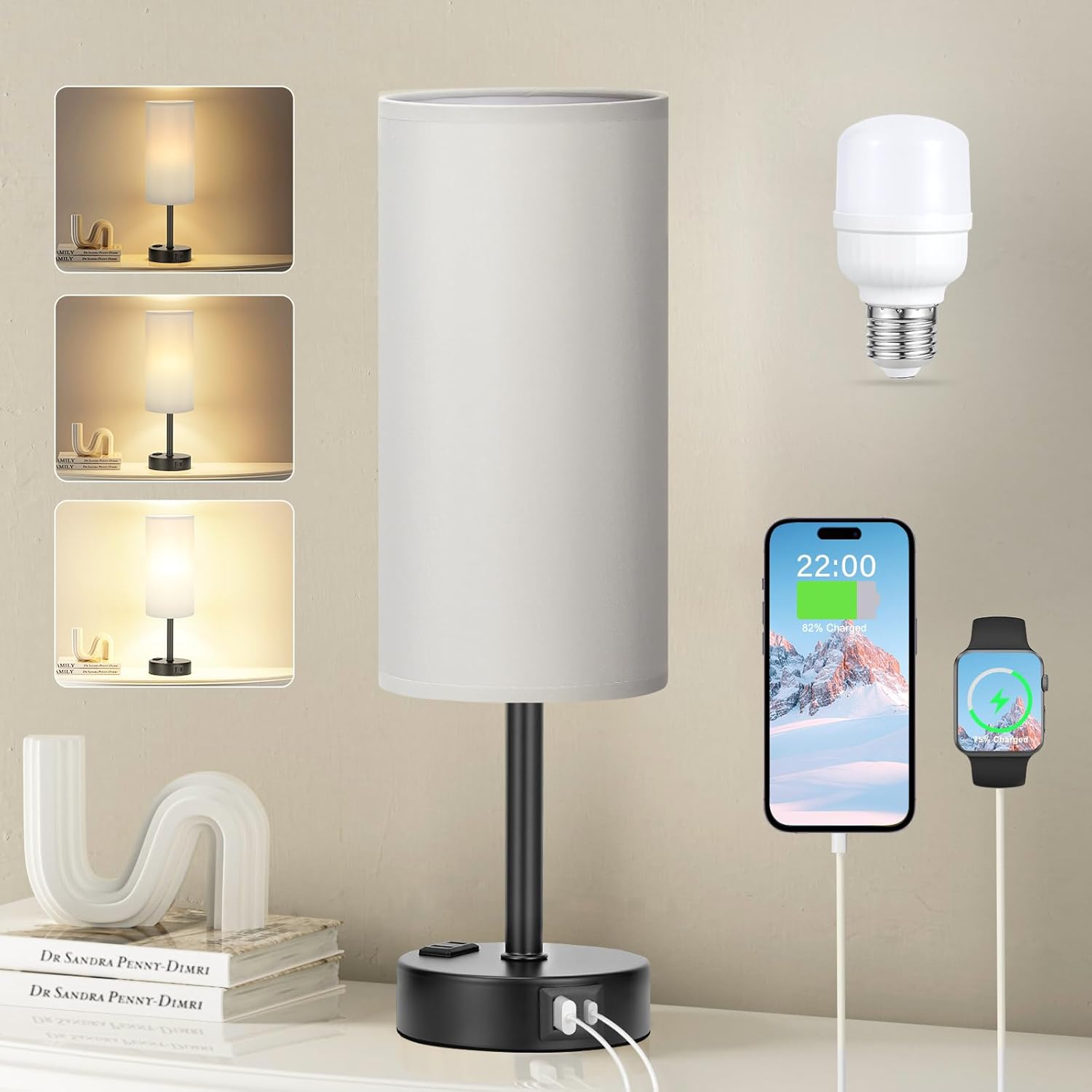 Bedside Table Lamp for Bedroom - 3 Way Dimmable Touch Lamp USB C Charging Ports and AC Outlet, Small Lamp Wood Base Round Flaxen Fabric Shade for Living Room, Desk, LED Bulb Included