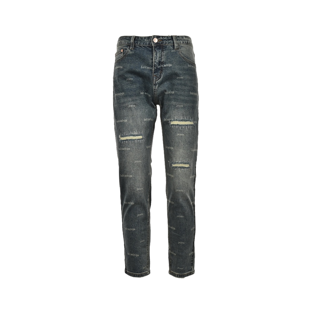 Balenciaga 23Fw all over printed distressed washed jeans