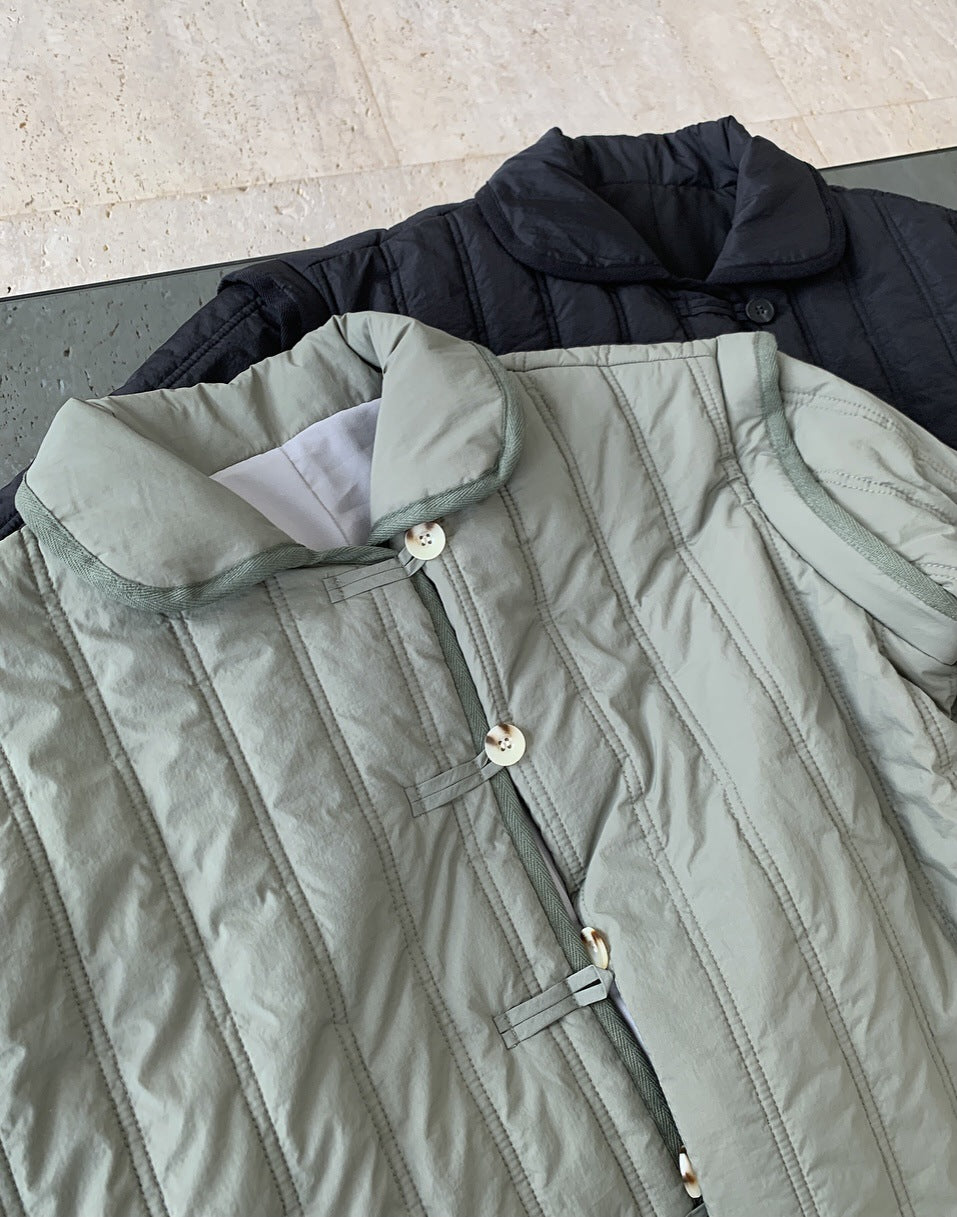 Winter Collared Cotton Padded Coat with Loop Buckle Loose Warm Comfortable Coat Women Thick