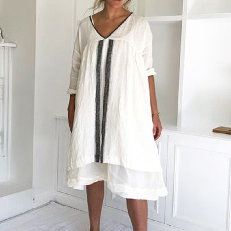 Cotton Linen V-Neck Panel Midi Dress