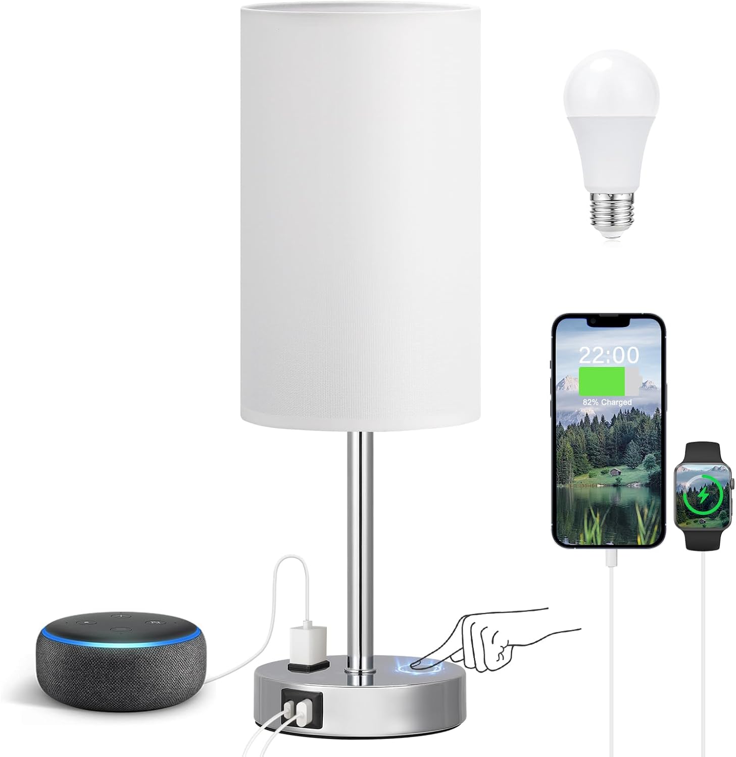 Bedside Table Lamp for Bedroom - 3 Way Dimmable Touch Lamp USB C Charging Ports and AC Outlet, Small Lamp Wood Base Round Flaxen Fabric Shade for Living Room, Desk, LED Bulb Included