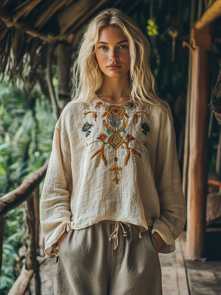 Retro Bohemian Floral Art Embroidery Print Cotton And Linen Blend Loose Blouse