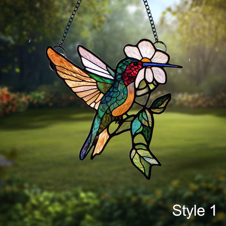 Hummingbird With Flower Stained Glass Effect Art Acrylic Suncatcher