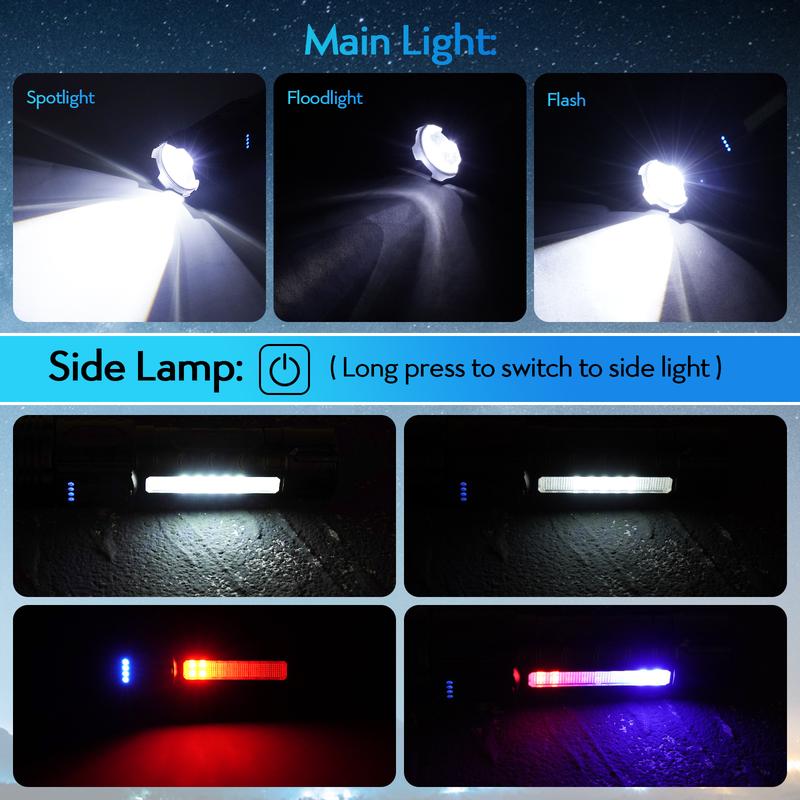 Strong Light Flashlight USB Rechargeable with Emergency White Light and Red & Blue Alarm Lights Waterproof Design