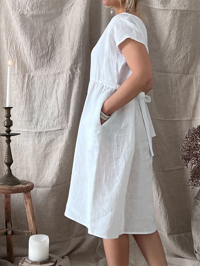 Women's Cotton And Linen Solid Color Tie-Back Dress
