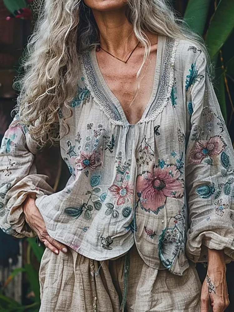 Vintage Bohemian Ethnic Floral Linen Art Print Long Sleeve V-neck Shirt