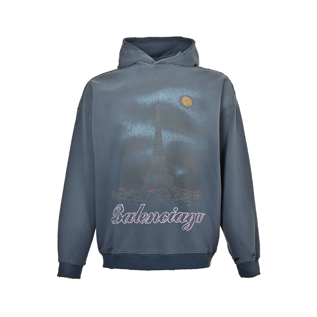 Balenciaga 24Fw Iron Tower Inkjet Graffiti Washed Distressed Hooded Sweatshirt