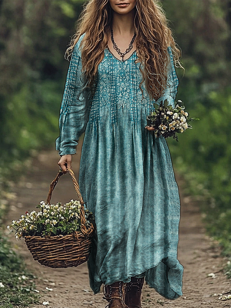 Vintage Turquoise Floral Pintucked Flowy Linen Blend Maxi Dress