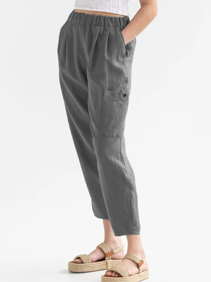 Women's Solid Color Elastic Waist Pocket Cotton Linen Casual Pants