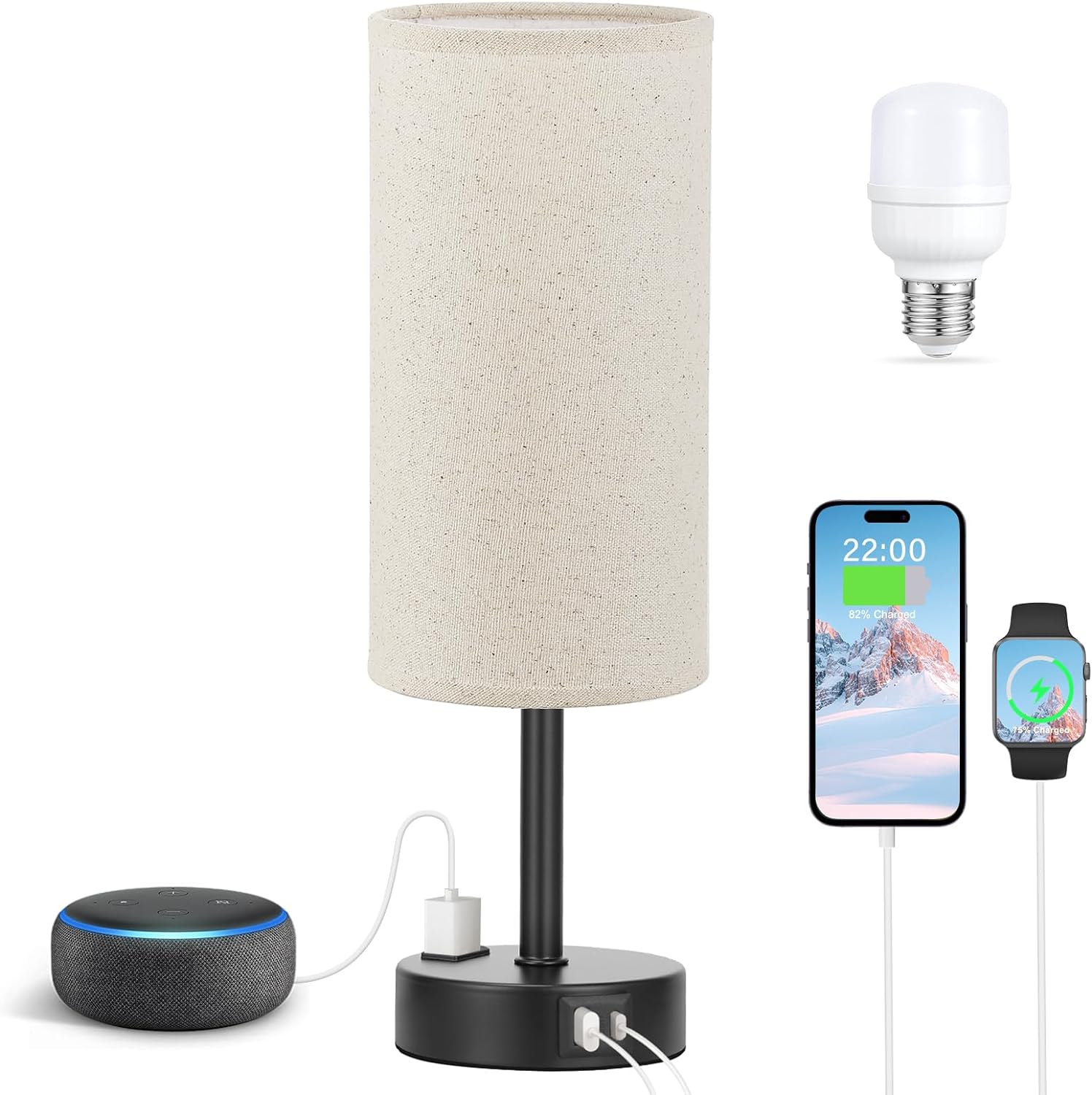 Bedside Table Lamp for Bedroom - 3 Way Dimmable Touch Lamp USB C Charging Ports and AC Outlet, Small Lamp Wood Base Round Flaxen Fabric Shade for Living Room, Desk, LED Bulb Included