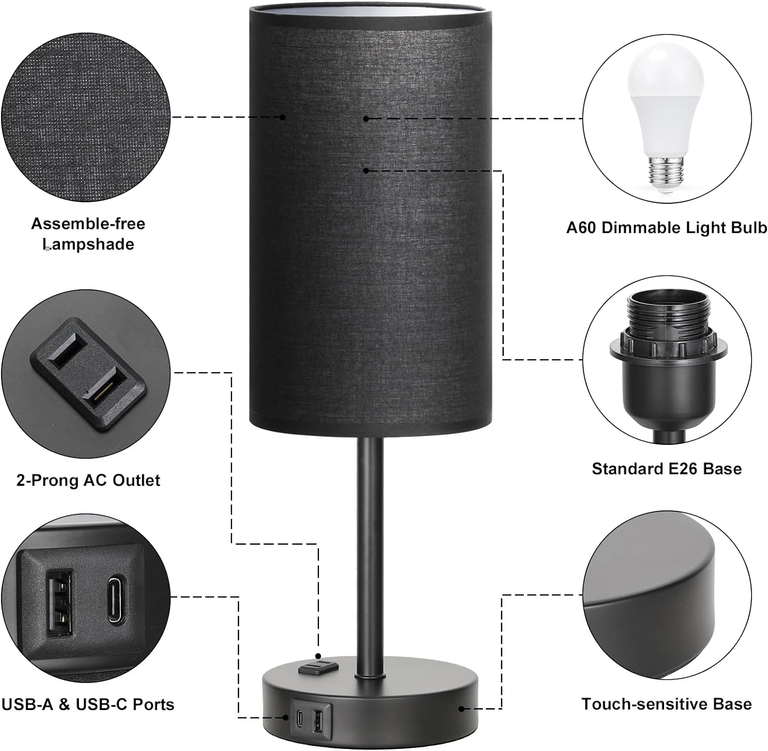 Bedside Table Lamp for Bedroom - 3 Way Dimmable Touch Lamp USB C Charging Ports and AC Outlet, Small Lamp Wood Base Round Flaxen Fabric Shade for Living Room, Desk, LED Bulb Included