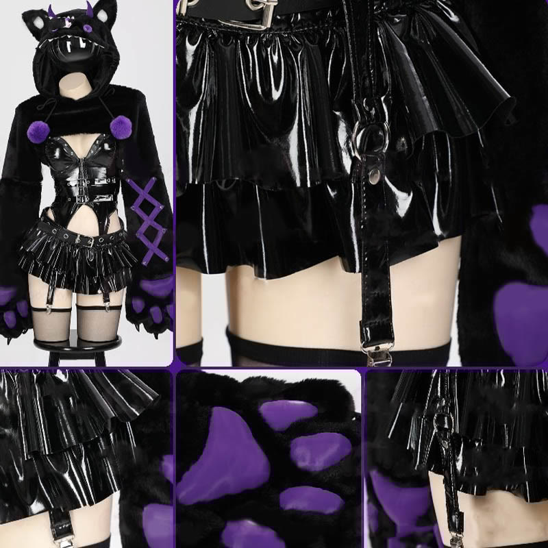 Cosplay Devil Pu Butterfly Top G-string Shorts Skirt Plush Coat Lingerie Set