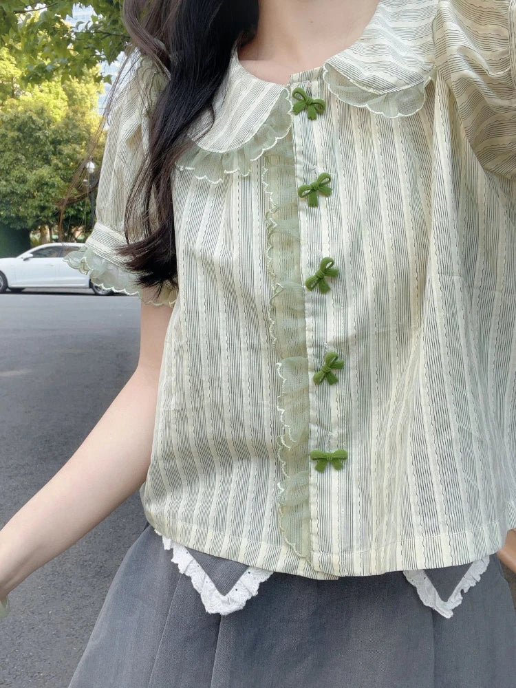 Striped Harajuku Lace Bow Blouse
