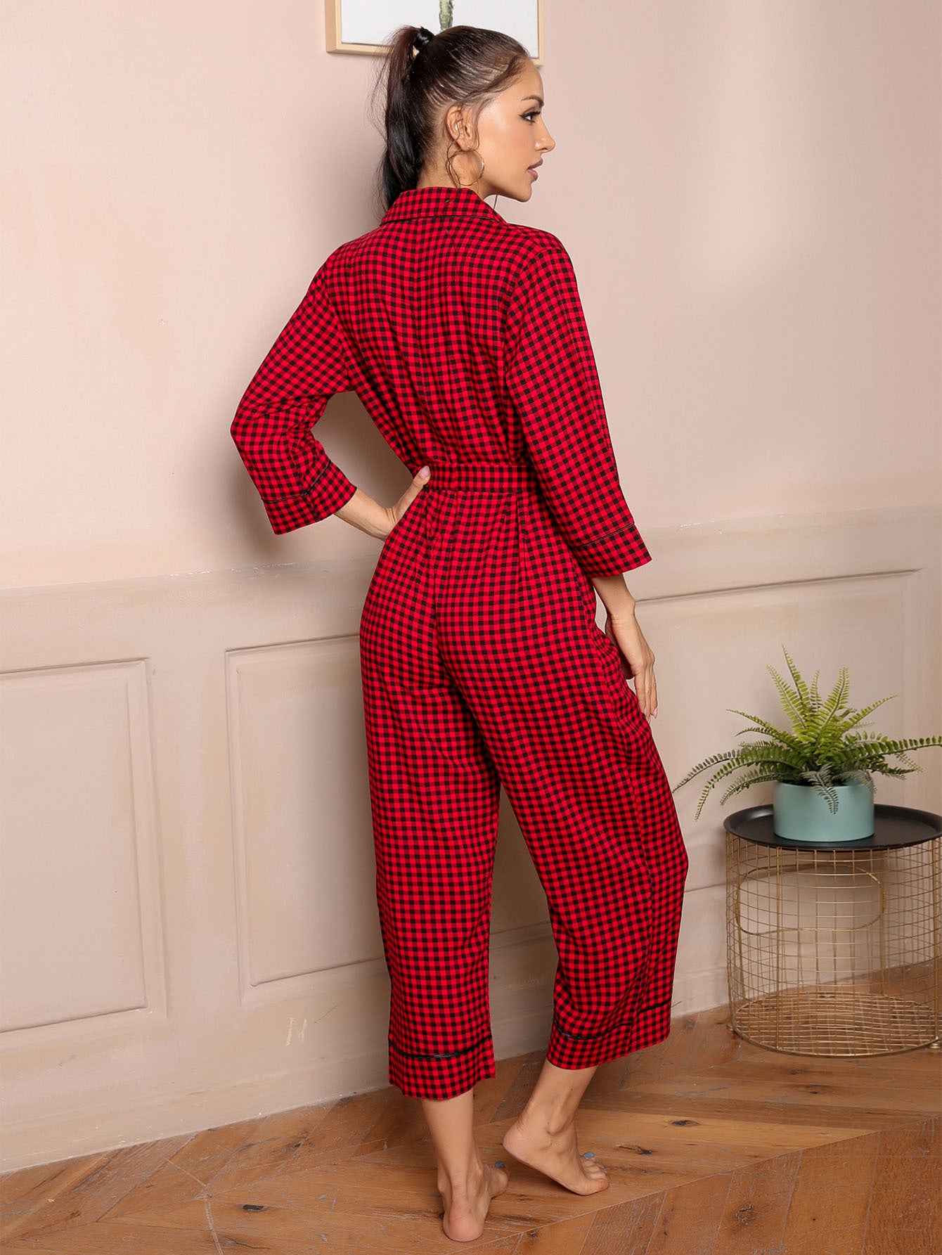 Spring Summer Pajamas Three Quarter Length Sleeves Cardigan V neck Simplicity Red Plaid Jumpsuit Home Wear