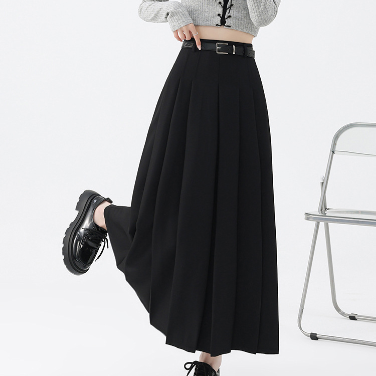 Black High waist show thin pleated skirt belt suit skirt