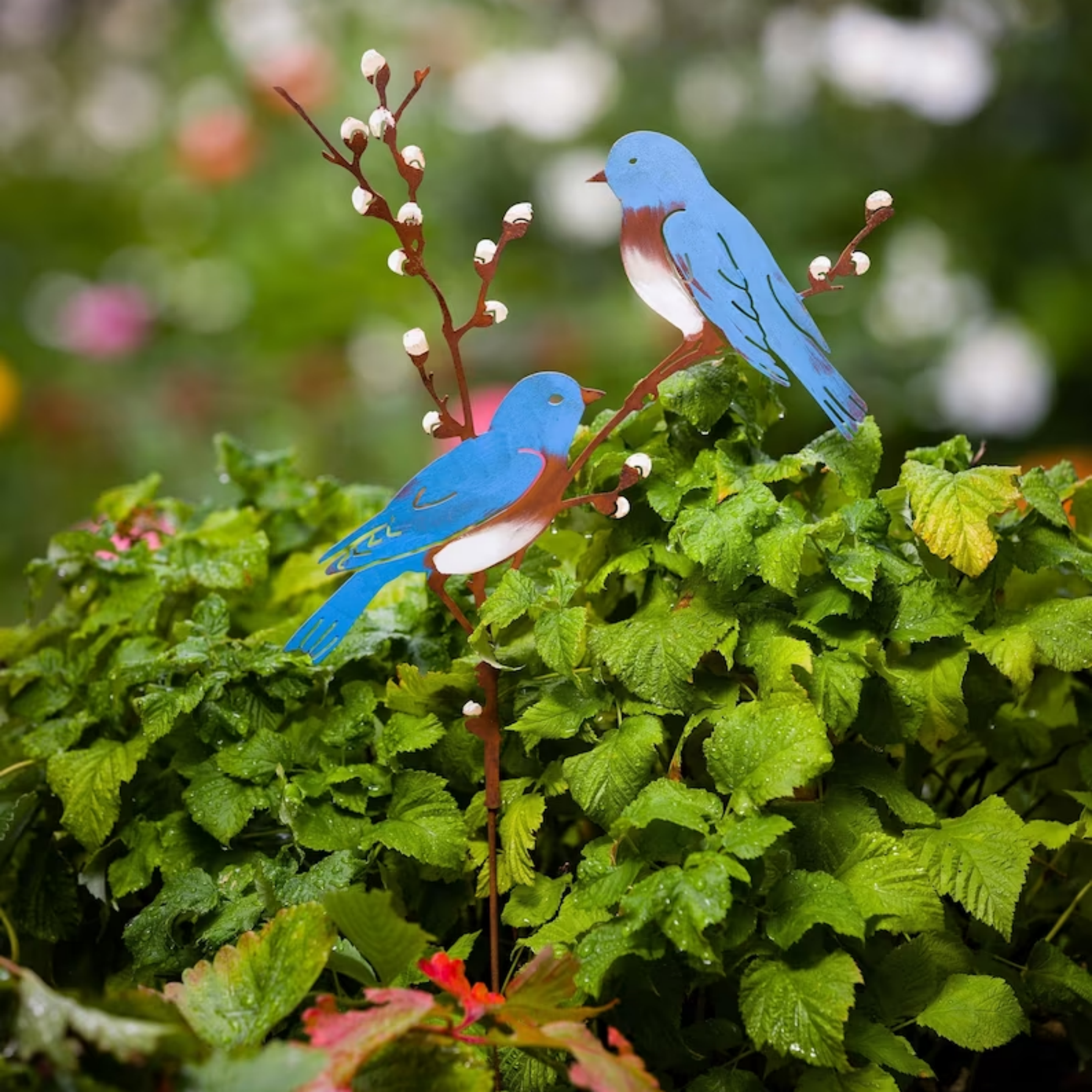 Hand painted metal bird metal garden art decoration on spring willow garden stake