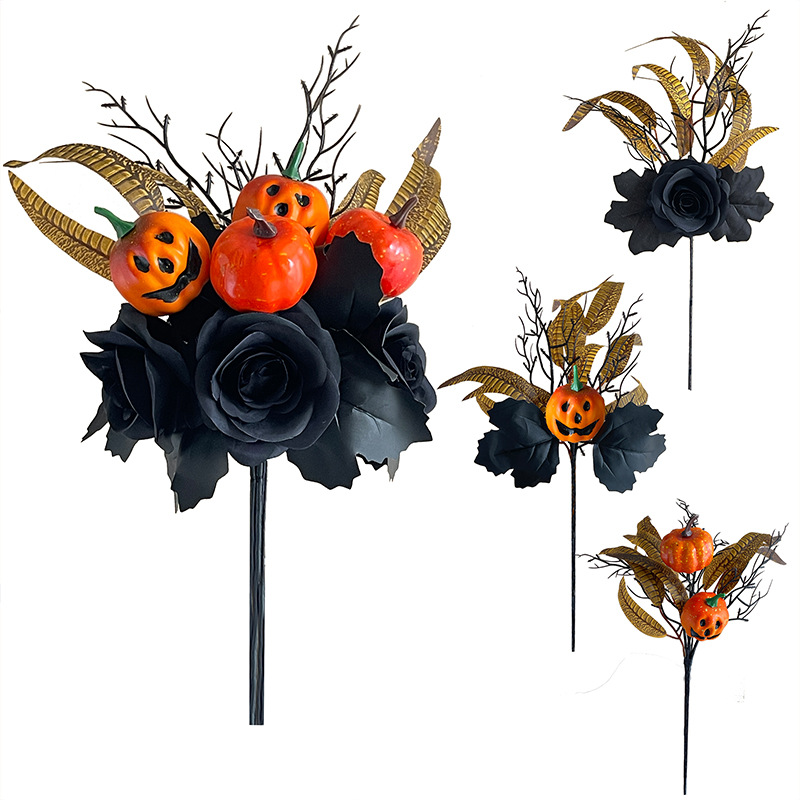 🏆Flash Sale⚡Artificial Fall Flowers-Halloween Pumpkin Bunch with Black Maple Leaves,Rose,Feathers- UV resistant, Waterproof, Windproof