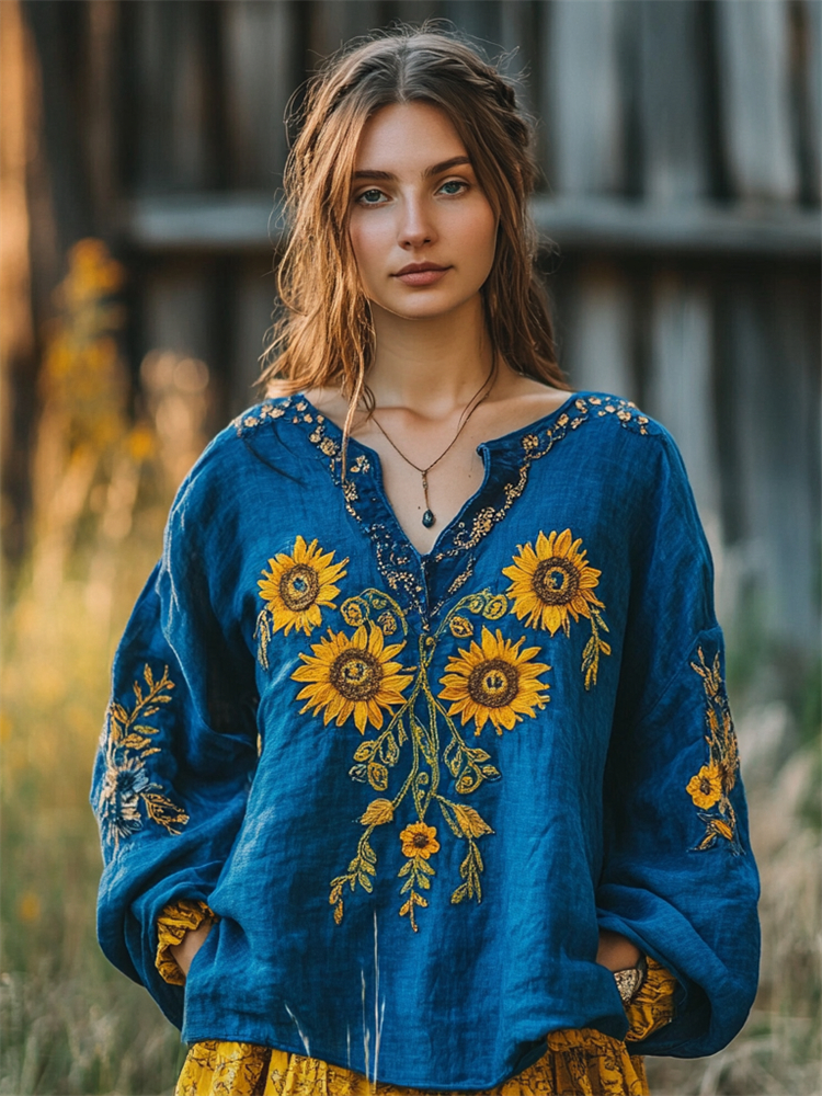 Vintage Sunflowers Ethnic Embroidered Linen Blend Tunic