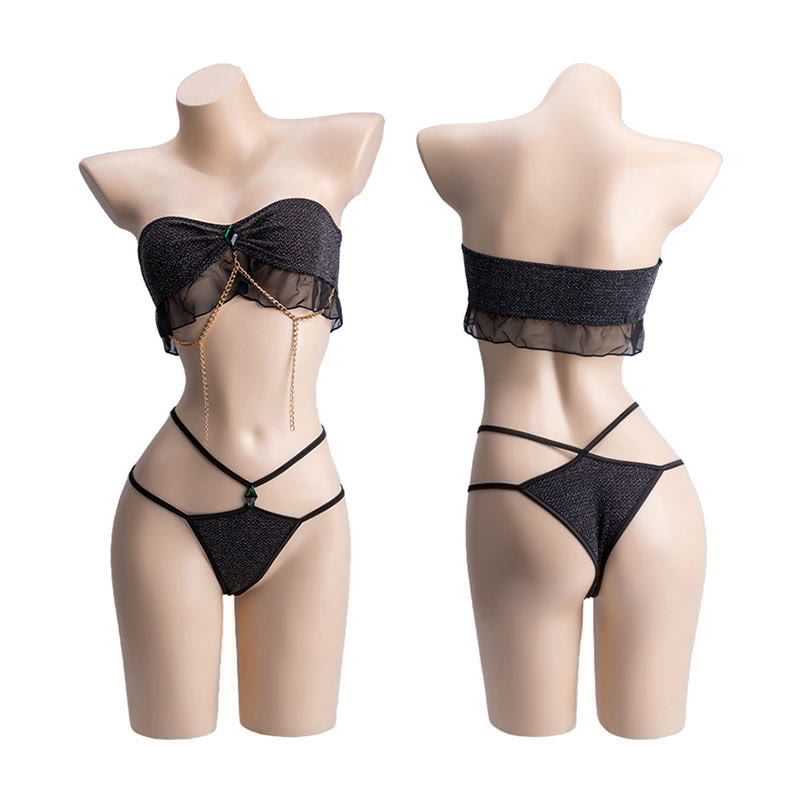 Sexy Chain Decor Tube Top G-string Mesh Shawl Lingerie