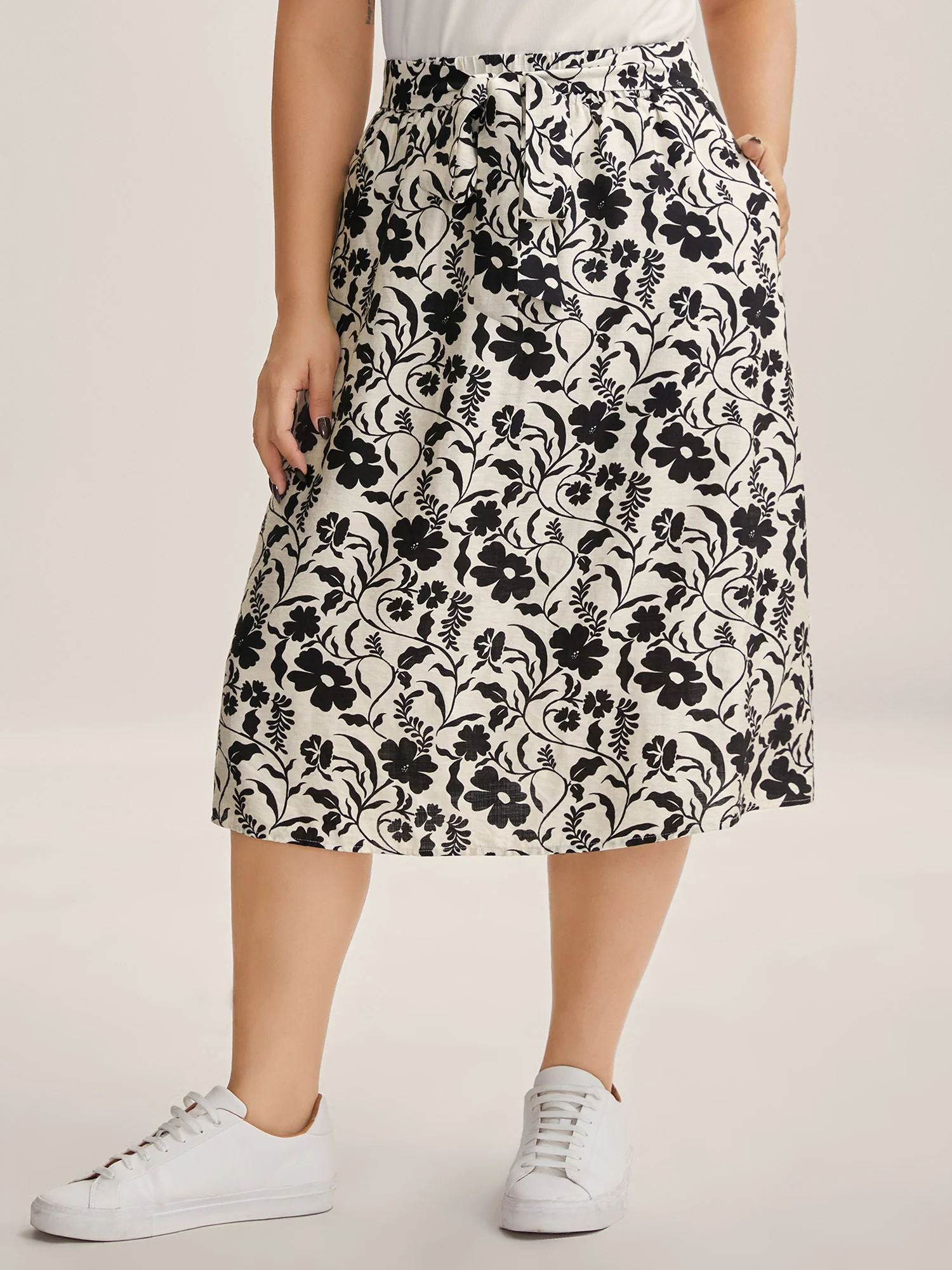 Floral Print Belted Midi A-Line Skirt