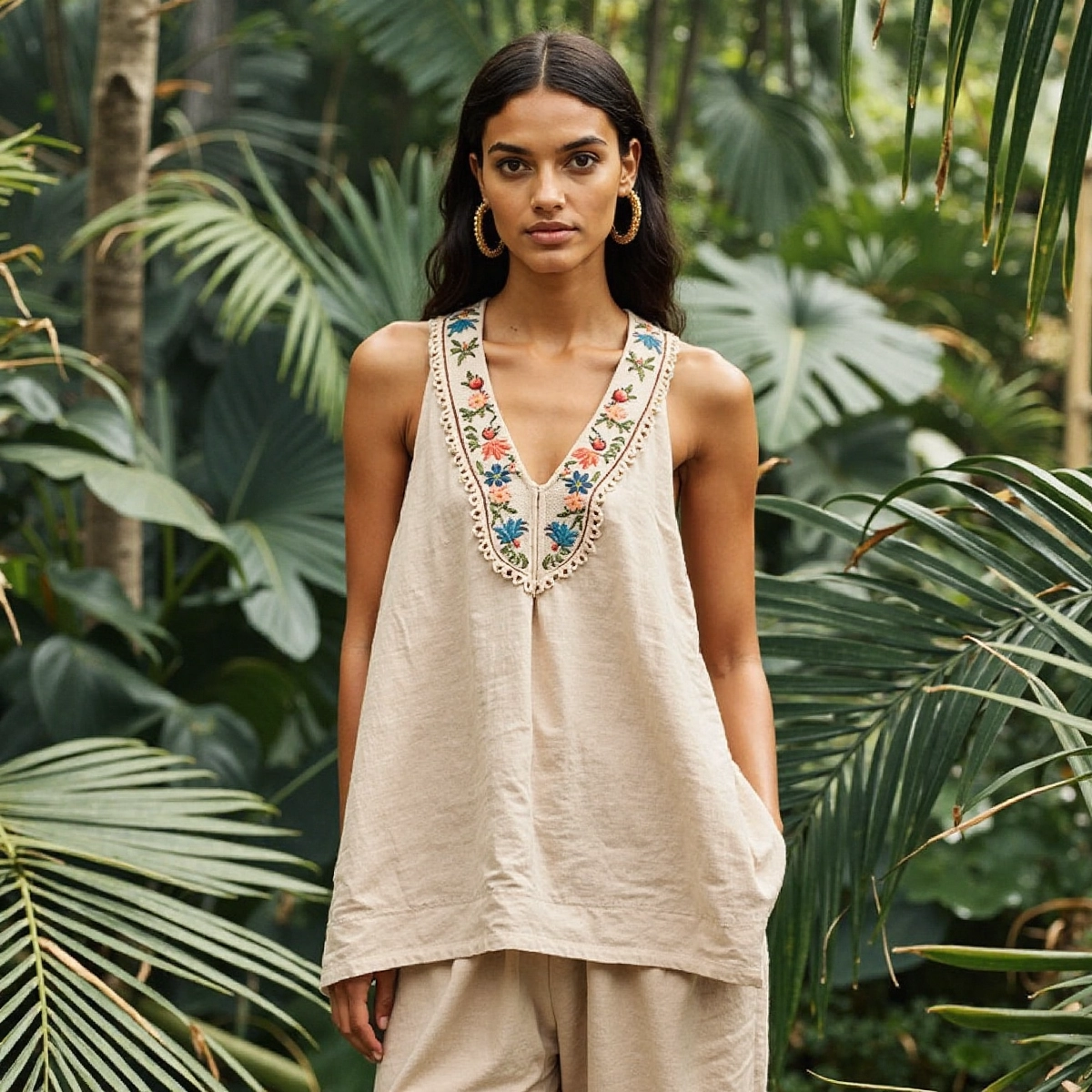 Women's Ethnic Floral Embroidery Art Linen Sleeveless Tank Top