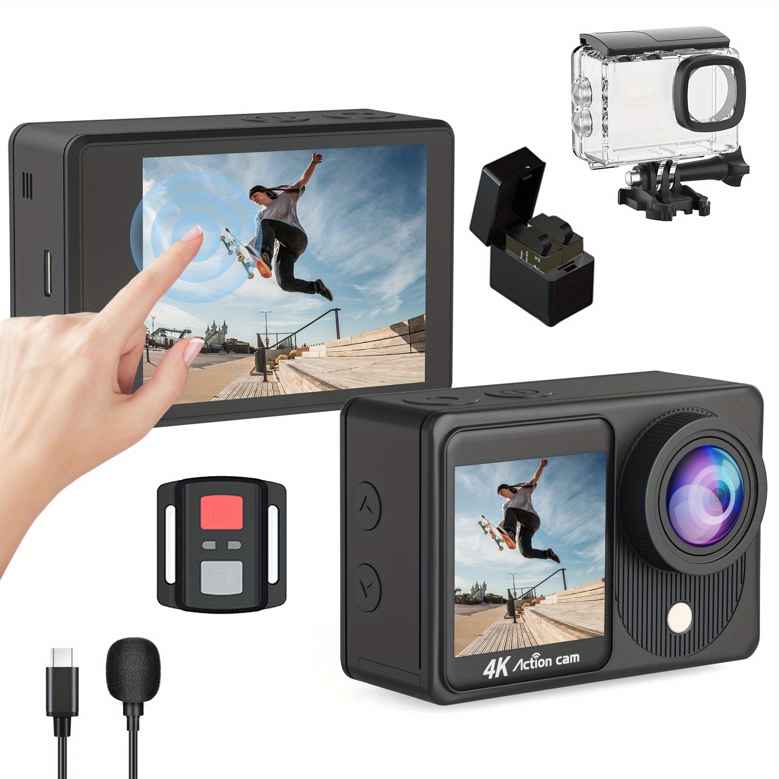 Yolansin 4K Action Camera Touch Screen - Dual Screen Ultra HD EIS WiFi Sports Camera, 1574.8inchUnderwater Camera 170° Wide Angle Video Camera 20MP Waterproof Helmet Camera With Remote Control And 2 Batteries