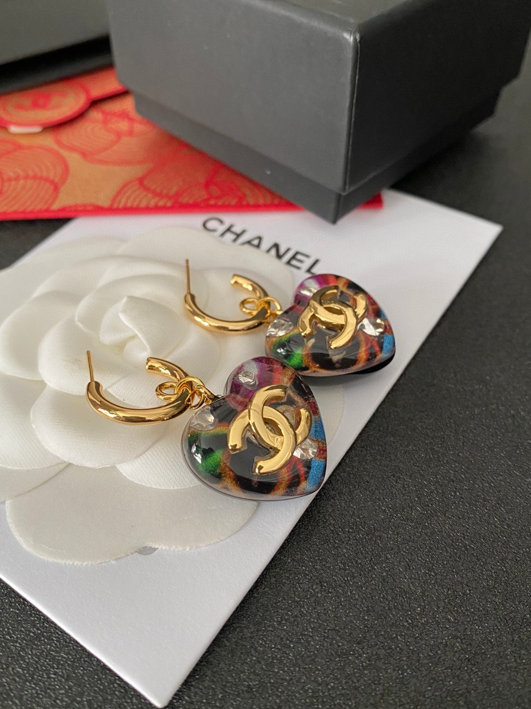 Chanel 24A Graffiti Camouflage Heart Earrings