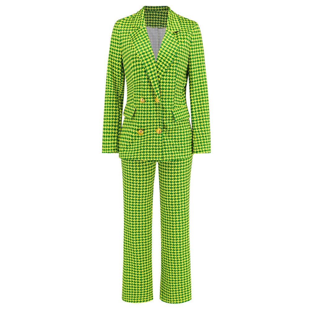 Houndstooth Double-Breasted Blazer and Slim-Fit Straight Trousers Suit for Women