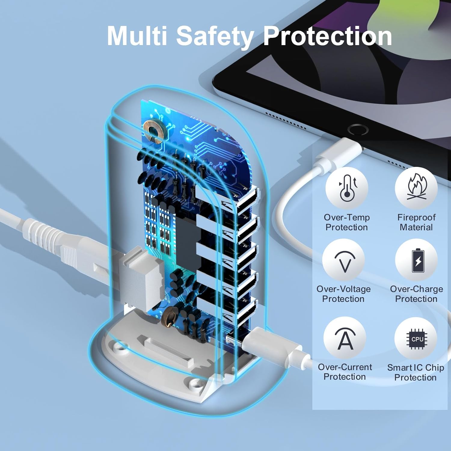 Charger Block 6 in 1 Upoy, 40W USB C Charger 3A, Charging Hub with 5 USB Ports(Shared 6A) for Multiple Electronics, USB Charging Station Multiports, Universal Desktop Phone Charger Travel Ready, Black