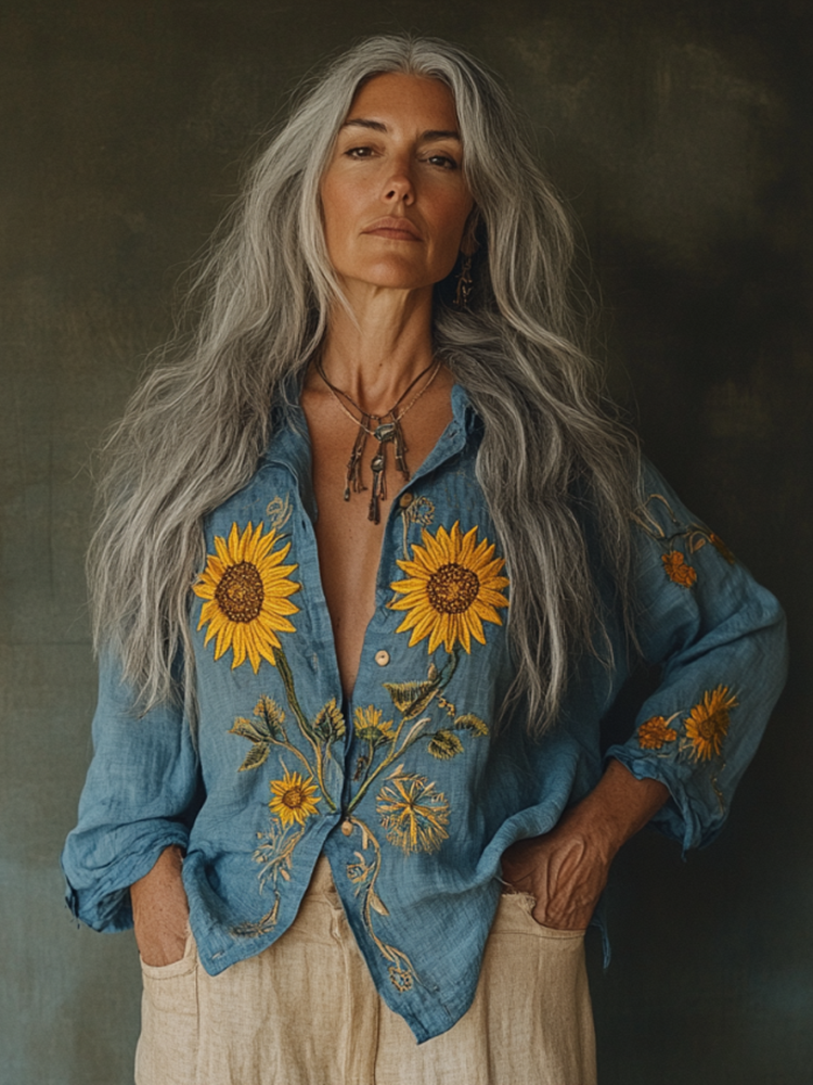 Bohemian Linen Floral With Ukraine Sunflower Art Print Long Sleeve Shirt