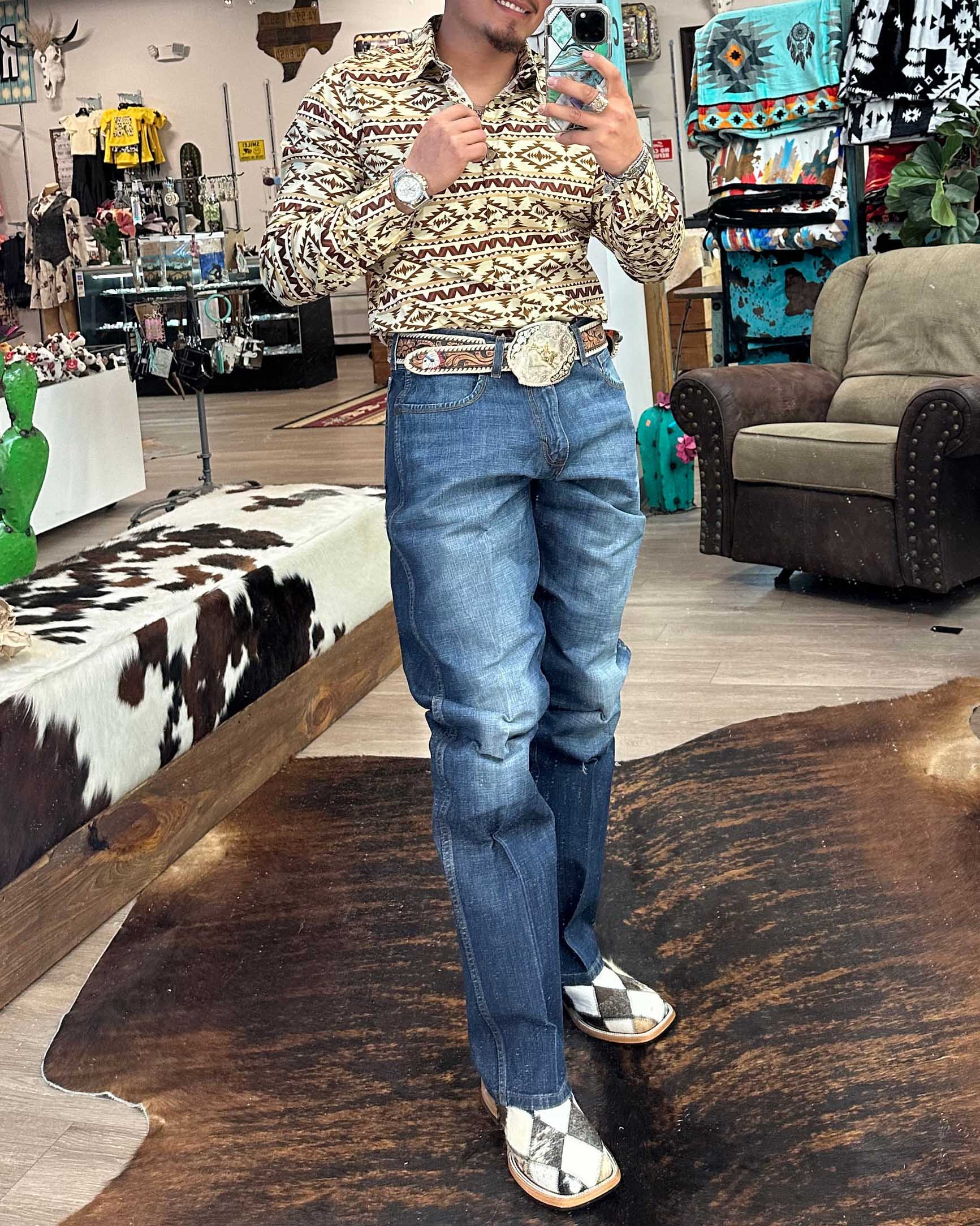 Men's Casual Retro Western Cowboy Stripe Long Sleeve Shirt