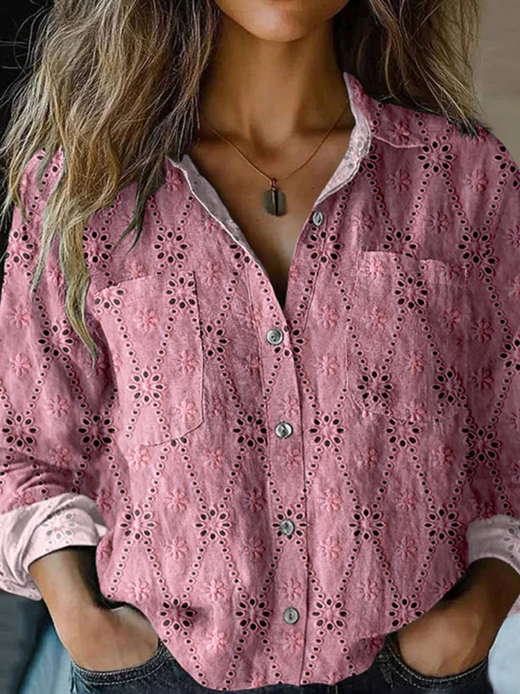 Women's Elegant Lace Embroidery Art Long Sleeve Comfortable Cotton Shirt