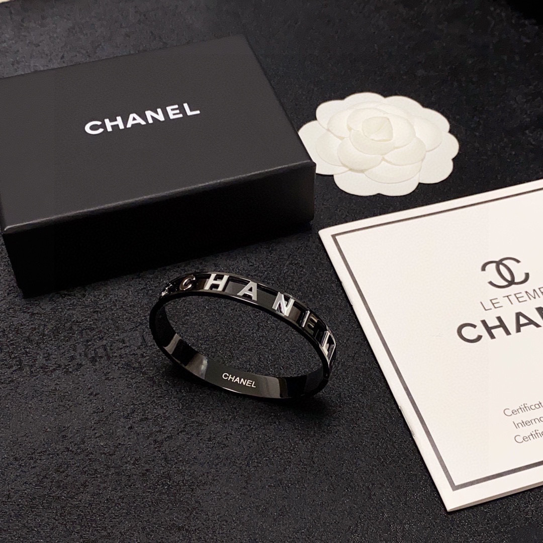 Chanel engraved letter charcoal black bracelet