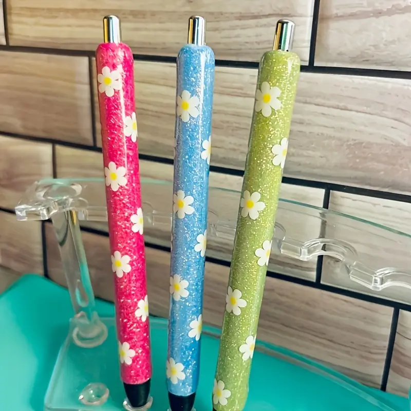 3pcs Vibrant Daisy Glitter Pen Set