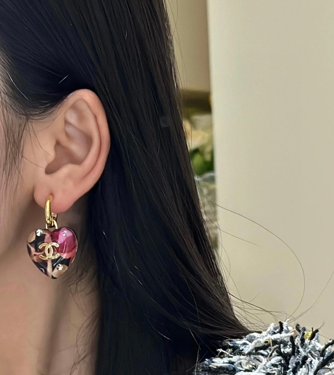Chanel 24A Graffiti Camouflage Heart Earrings