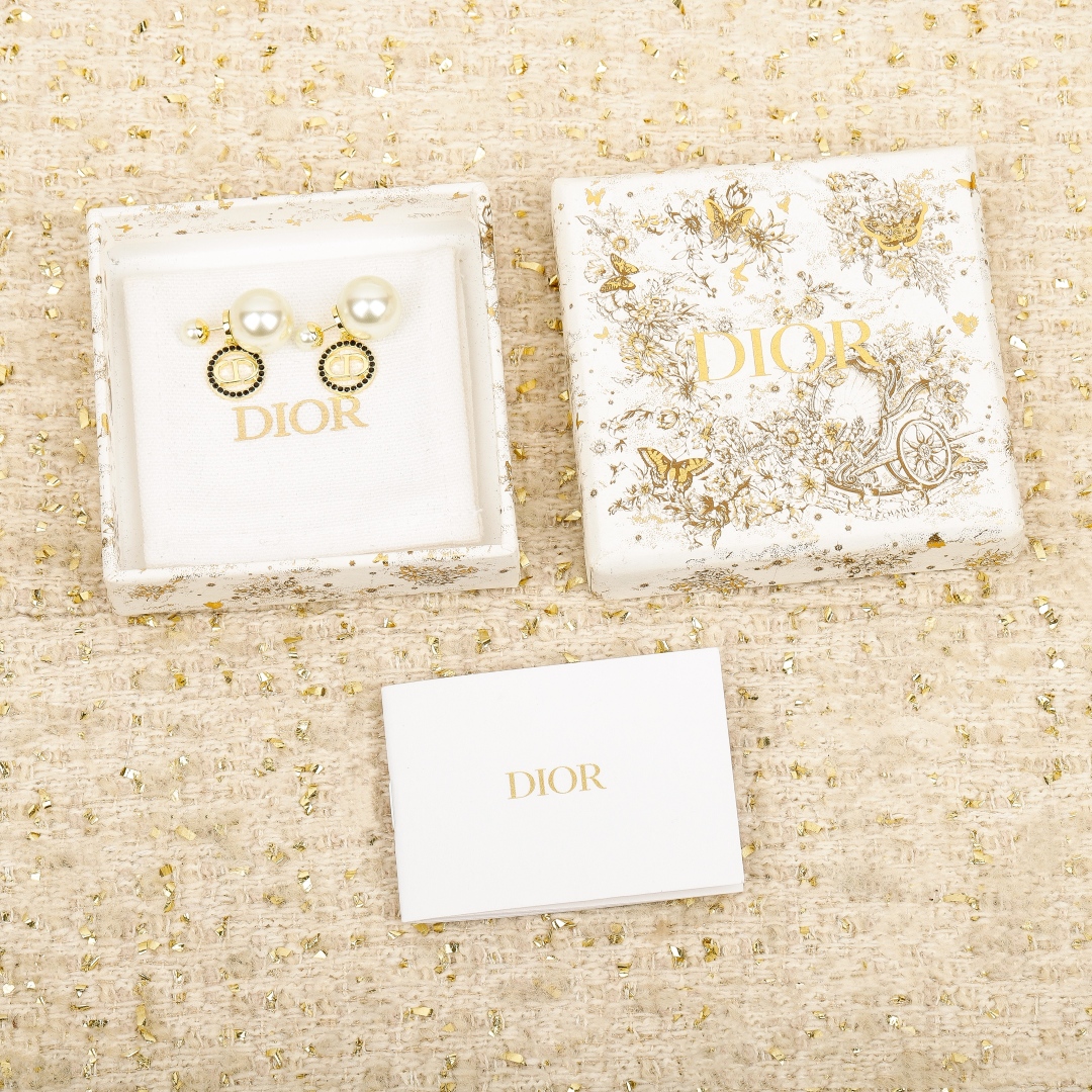 Dior Round Crystal CD Double Ball Pearl Earrings