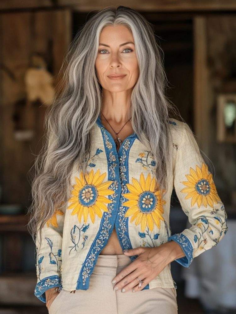 Bohemian Linen Floral Ukraine Sunflower Gradient Art Print  Long Sleeve Shirt