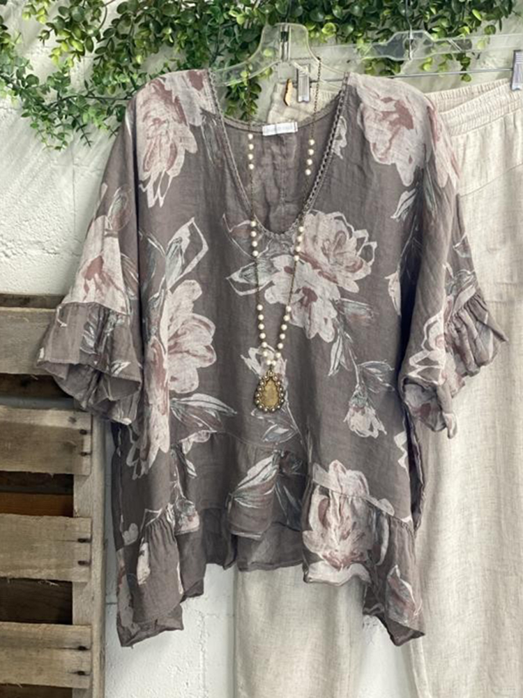 Floral Printed Flounce V Neck Casual Shirt