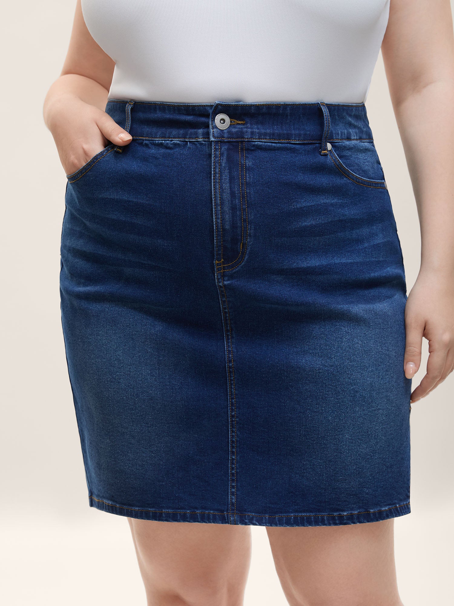 Whiskered Classic Cut Fitted Denim Skirt
