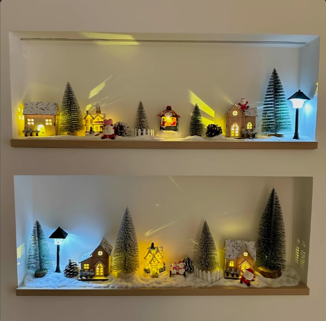 Christmas light up log cabin decoration Christmas tree micro landscape landscape town fireplace decoration scene layout