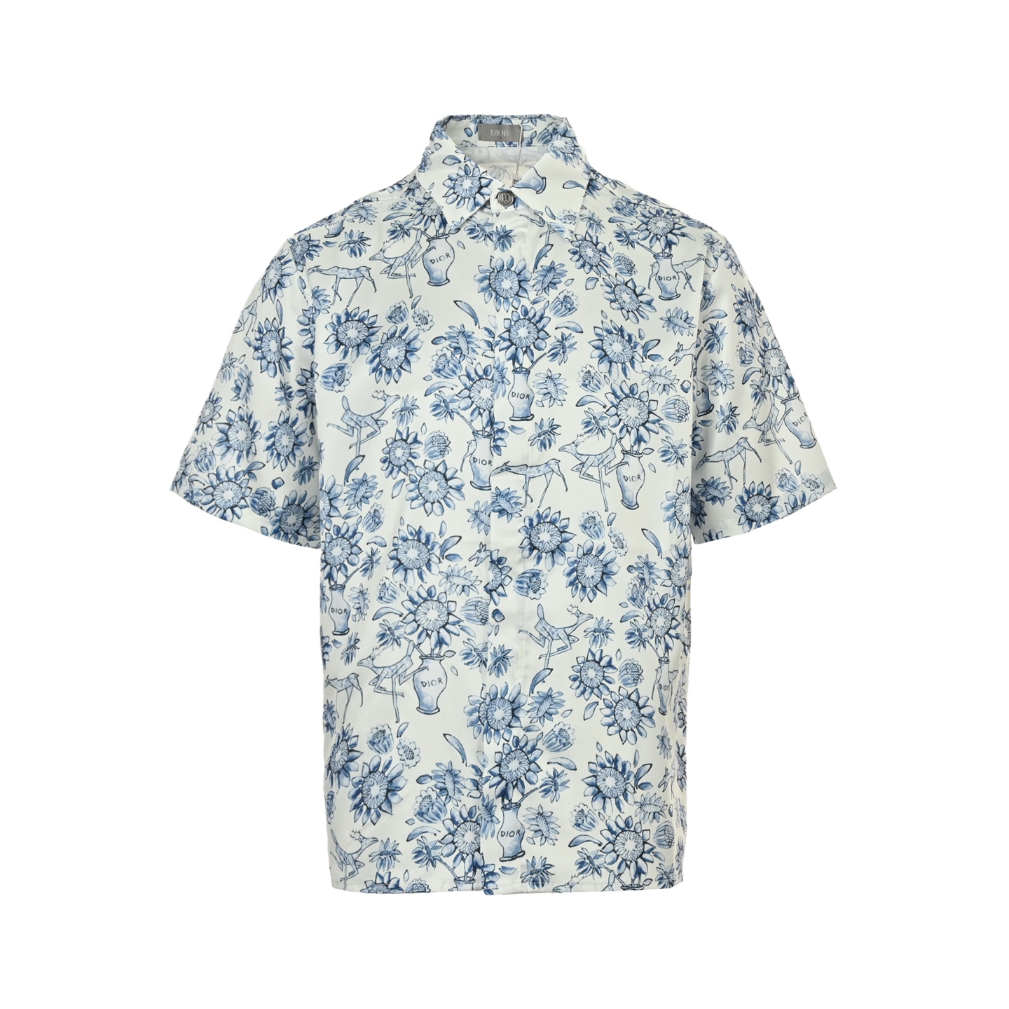 Dior Blue and White Porcelain Style Full Print Short Sleeve Shirt