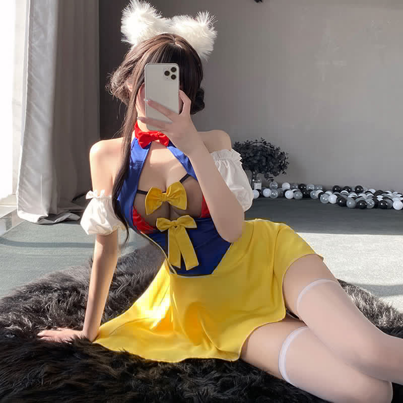 Cosplay Maid See Though Bowknot Lingerie Stockings Set