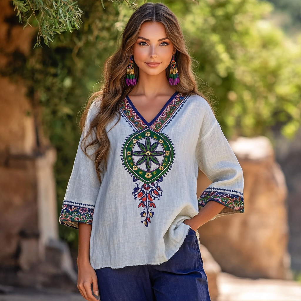 Women's Vintage Hippie Floral Linen Long Sleeve T-shirt