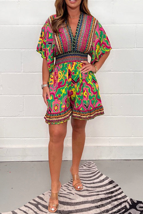 Heididress V Neck High Waist Wide Leg Printed Ruffle Romper