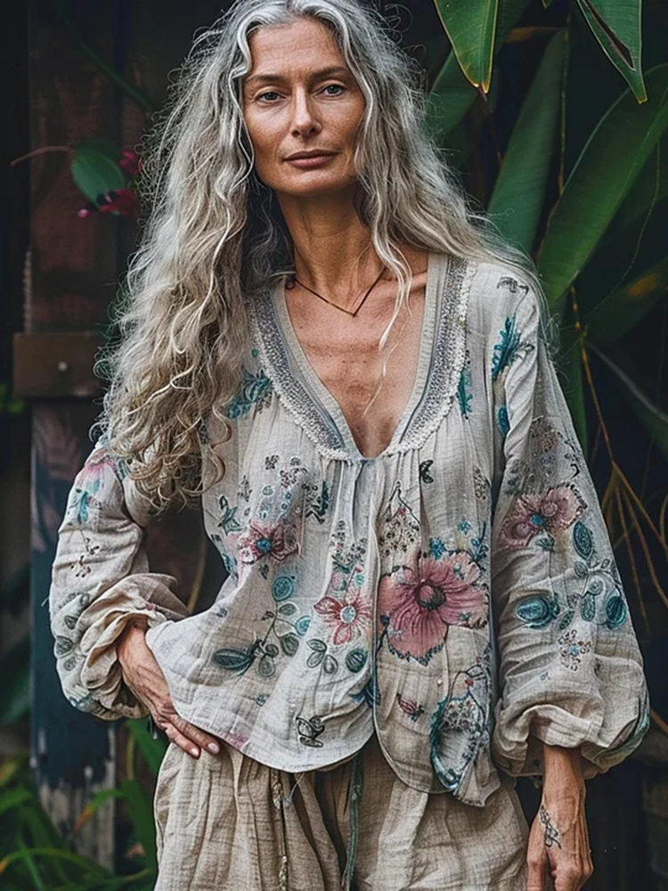Vintage Bohemian Ethnic Floral Linen Art Print Long Sleeve V-neck Shirt
