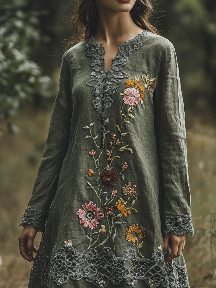 Floral Embroidery Patchwork Cut-out Lace Women's Linen Maxi Dress
